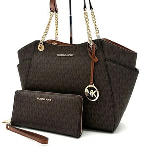 Michael Kors Large Jet Set Travel Chain Shoulder Bag & Continental Wallet Brown